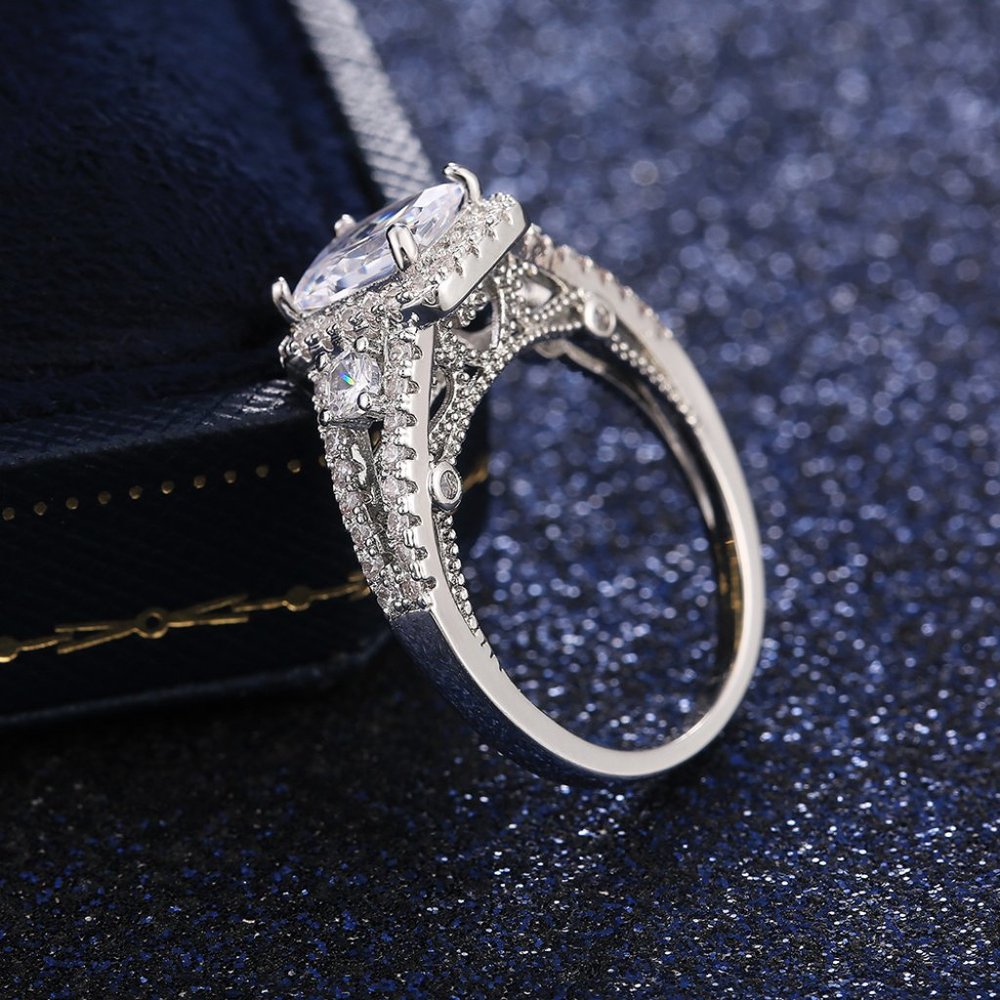 Silver S925 Emerald Cut White Diamond Ring - Picture 2 of 5